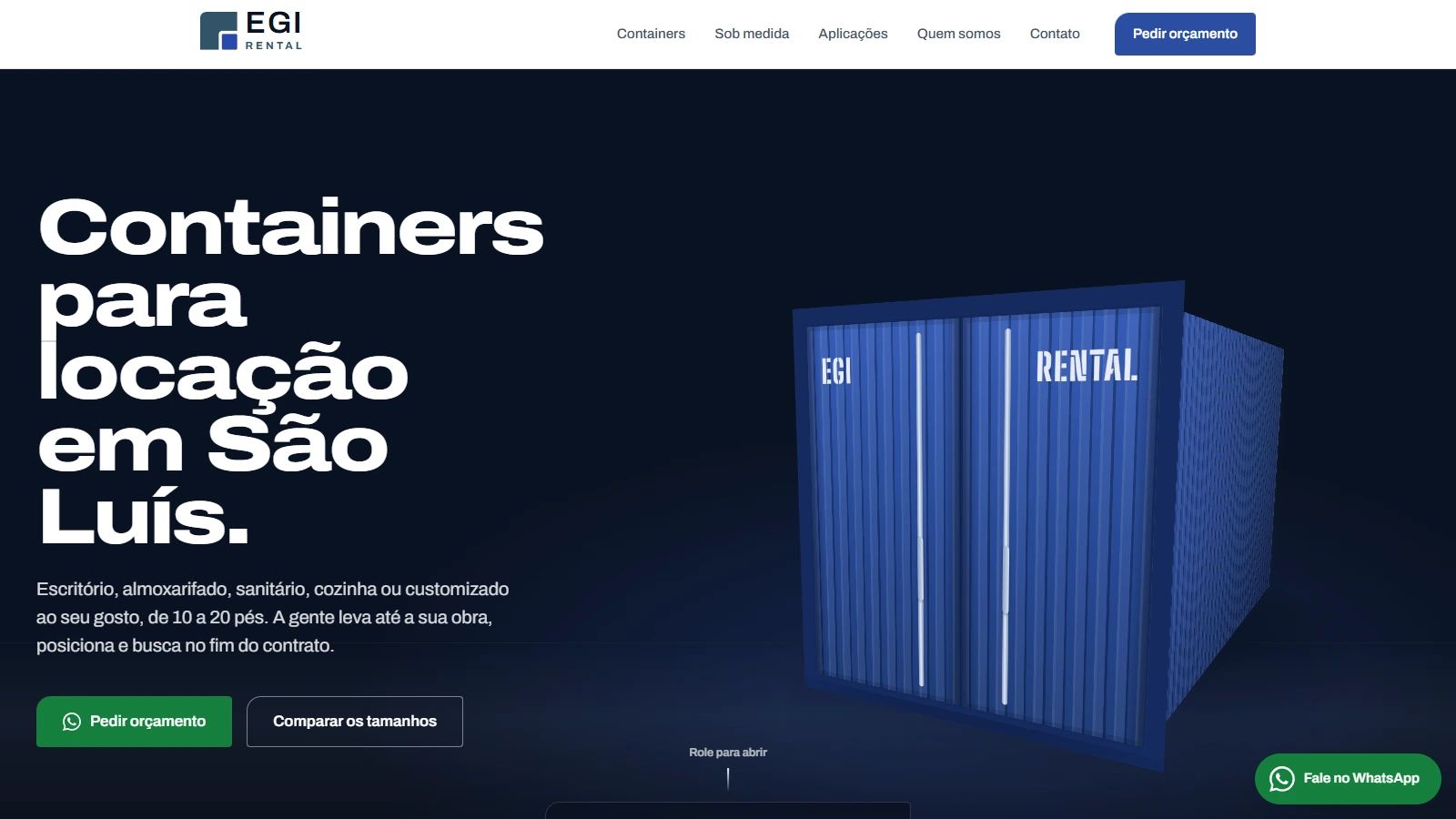 Home da EGI Rental com um container 3D azul ao lado do título "Containers para locação em São Luís"